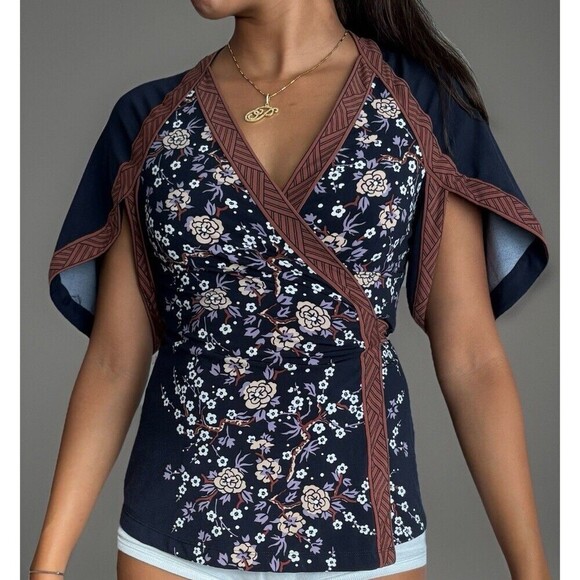 BCBG Y2K Vintage Blue Brown Kimono Wrap Asian Japanese Print Split Sleeves Top S - Picture 4 of 9